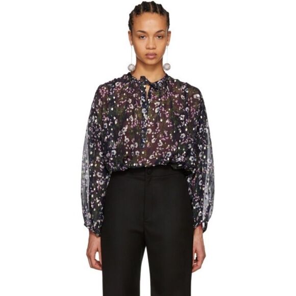 Isabel Marant Mia Silk Blue Midnight Blouse Floral Long Sleeve Size 4 - Picture 6 of 13